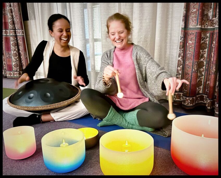 Helena Turner & Ashley Hutchinson with handpan and crystal bowls for soundbath